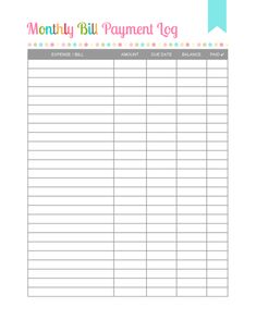 a printable bill payment log