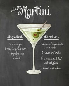 the ingredients for a martini on a chalkboard