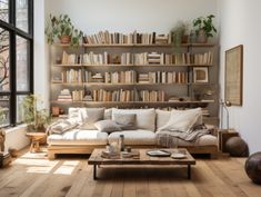 a living room filled with lots of furniture and bookshelves next to a window