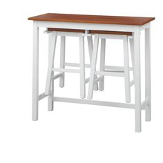 two white stools with wooden top on a white background, one is made from wood and the other is painted white