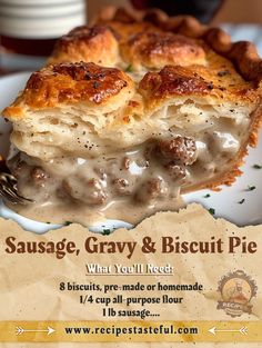 a piece of sausage gravy and biscuit pie on a plate