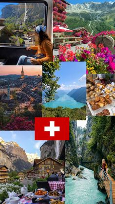 the collage shows many different pictures including mountains and flowers