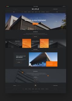 the homepage design for an architecture firm, made with dark colors and orange accents