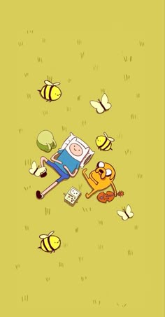 a cartoon character laying on the ground with bees around him and reading a book in his lap