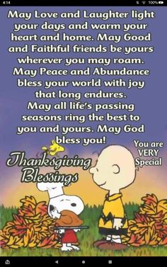 snoop and charlie thanksgiving card with the words, you've loved and laughter your heart and home