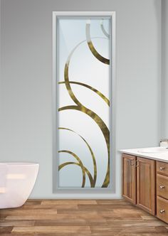 a bathroom with a glass door and wooden cabinets