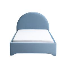 a bed with a blue headboard and foot board on it's side, in front of a white background