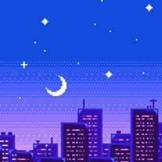 an old school pixel art cityscape with the moon and stars in the sky