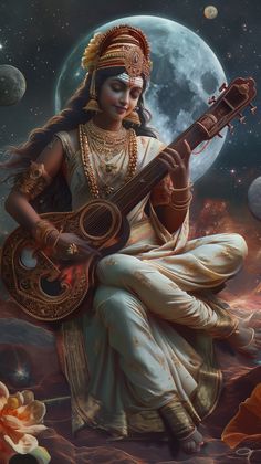 a woman sitting on the ground holding a guitar in front of a moon filled sky