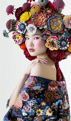 A model wears an elaborate floral headdress, featuring intricate designs and vibrant colors, standing against a white background for bold contrast. She poses with her hand resting on the shoulder of another person, adding depth to the composition. The overall style is fashion photography inspired, capturing the model's elegance in full view in the style of fashion photography Hand Resting, Floral Headdress, Vogue Style, Vogue Fashion, Custom Artwork, Photo Art, White Background