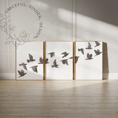 three black and white birds are flying in the air above two canvases on a wooden floor