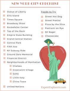 the new york city checklist is shown with an apple, statue of liberty and other things