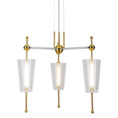 three light chandelier with white glass shades and gold metal fittings on the arms