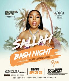 the flyer for salah bash night with an image of a woman in front of palm trees