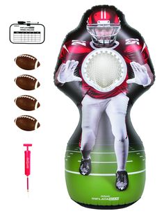 an inflatable football player holding a ball and wearing a helmet with three other items around it