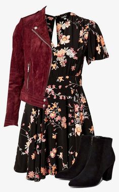 Floral Dress Fancy, Fall Floral Dress Outfit, Fancy Outfits Dresses, Dress Outfits Polyvore, Burgundy Jacket, Dress Modest, Knee Dress