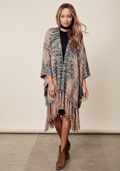 [Color: Coco/Charcoal] Poncho Blanket, Blanket Cape, Fall Outfits For Teen Girls, Open Kimono, Knit Poncho Sweater, Blanket Poncho, Chic Scarves, Kimono Sweater, Knit Poncho