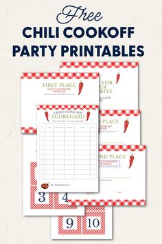 the chili cook off party printables are shown in red and white checkered paper