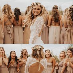 bridesmaids laughing and having fun with each other in the same photo, before and after their wedding