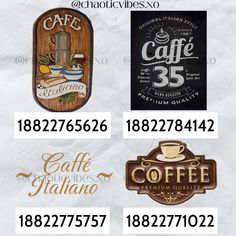 some signs that are on the side of a white piece of paper with coffee related items