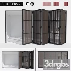 four panel room divider screen with doors open and shutters closed in three different views