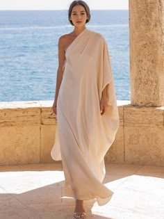 Batwing Sleeves Loose Solid Color Split-Joint One-Shoulder Maxi Dresses LIGHT APRICOT-XL Sukienki Maksi, Robes Glamour, Womens Wrap Dress, Banquet Dresses, Elegant Party Dresses, Evening Dresses Elegant, Casual Summer Dresses, Batwing Sleeve, Dress First