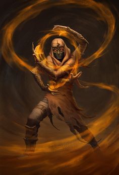 a digital painting of a man with fire around his body and arms, in the air