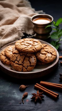 three cookies on a plate next to cinnamon sticks and anisette with a cup of coffee in the background