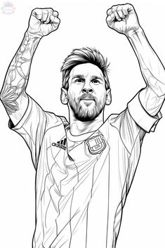 a black and white drawing of a soccer player with his arms up in the air