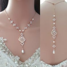 (1) Backdrop Bridal Necklace| Back Jewelry for Weddings & Low Back Gowns – PoetryDesigns Rose Gold Backdrop, Bridal Dangle Earrings, Bridal Backdrop Necklace, Backdrop Necklace, Bridal Statement Earrings, Gold Bridal Necklace, Gold Backdrop, Backdrops Necklace, Rose Gold Pearl