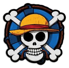 a skull wearing a hat with two crossed bones on it's chest and holding a rope