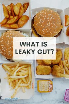 what is leaky gutt? chicken, french fries and cheeseburger with text overlay