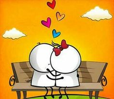 two cartoon characters sitting on a bench with hearts coming out of their mouths and arms