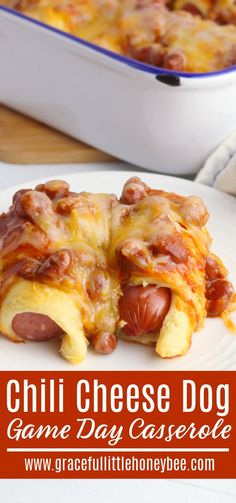 a white plate topped with cheesy hot dog casserole