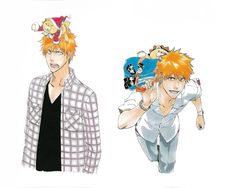 two anime characters one with an orange hair and the other with white hair, both wearing plaid shirts