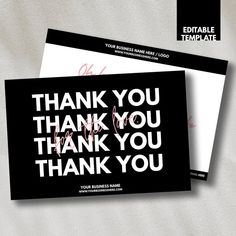 two black and white thank cards with the words thank you, thank you on them