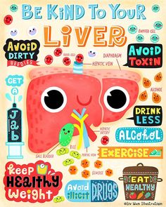 a poster with the words be kind to your liver and an image of a human organ