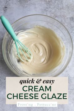 a glass bowl filled with cream cheese glaze