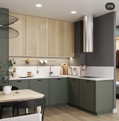 a kitchen with green cabinets and white counter tops is seen in this image, there are two chairs at the table