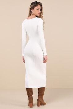 Soft yet impressive, the Glamorous Pristine Energy Ivory Ribbed Beaded Long Sleeve Maxi Dress keeps the compliments coming all day long! This effortlessly elevated dress has a stretchy, ribbed knit fabrication that shapes a scoop neckline with shell-like beaded details that creates a U-shaped center cutout. Long sleeves frame the fitted bodice that continues into a figure-flaunting column skirt. Ankle-grazing maxi hem completes the perfect look! Fit: This garment fits true to size. Length: Ankle Ribbed Maxi Dress, Column Skirt, Long Sleeve Maxi, Fitted Bodice, Long Sleeve Maxi Dress, Scoop Neckline, Ribbed Knit, Bodice, Long Sleeves