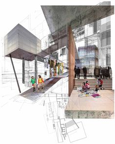 an artistic rendering of people walking and sitting on the ground in front of a building