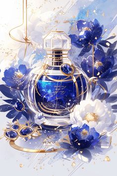 a blue and gold perfume bottle surrounded by flowers on a white background with golden accents