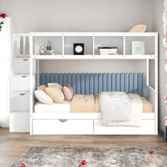 there is a white bunk bed with drawers on the bottom shelf and an open bookcase above it