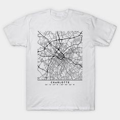 A classic city street map of Charlotte, North Carolina in black and white, with the exact coordinates of the city, make up this amazing art piece. A great gift for anybody that has love for this city. You can never go wrong with class. I love my city. -- Choose from our vast selection of Crewneck and V-Neck T-Shirts to match with your favorite design to make the perfect graphic T-Shirt. Pick your favorite: Classic, Boxy, Tri-Blend, V-Neck, or Premium. Customize your color! For men and women. Map Tshirt Design, City T Shirt Design, City Shirt Design, Architecture Shirt Design, City Tshirt Designs, Company T Shirt Design, Trendy Merch, Church Shirt Designs, Church Merch