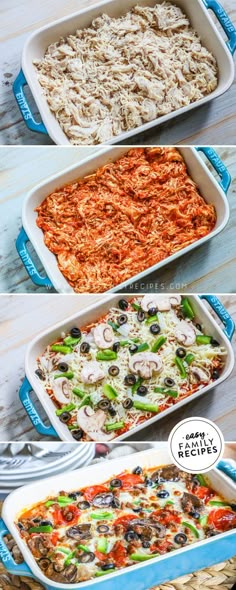 four different types of casserole are shown in the same pans, one is filled with rice and the other has vegetables