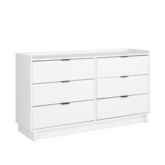 a white dresser with four drawers and two doors on the bottom, in front of a white background