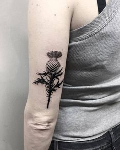 a black and white photo of a thistle flower tattoo on the left upper arm,