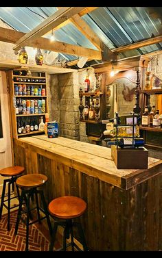 an empty bar with stools and shelves