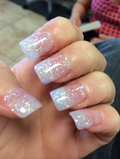 Glitter Holographic Glitter Nails Acrylic, Glitter Tips Acrylic Nails, Holographic Glitter Nails, Glitter Tip Nails, Glitter Nails Acrylic, Manicure Nail Designs, Glittery Nails, French Manicure Nails, Girly Acrylic Nails