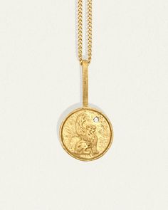 The Sun Lovers Necklace is a delicate 18k gold vermeil coin necklace embossed with the winged lion motif: a protective deity associated with courage, strength, and power. Winged Lion, Lion Necklace, Lion Pendant, Lovers Necklace, Coin Jewelry, Coin Necklace, Coin Pendant, Inner Strength, Gold Coins